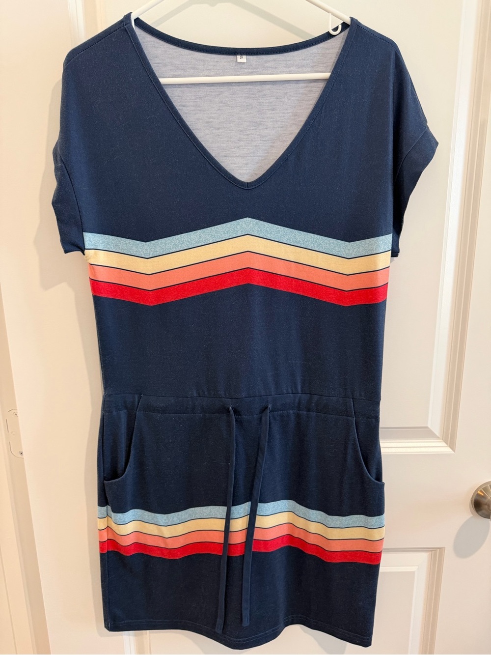Navy V-Neck Knit Dress with Rainbow Stripes
